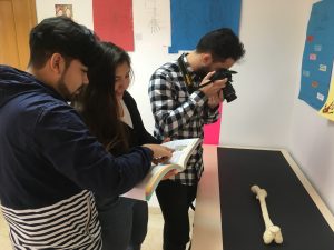 Jordan Vicente Guzmán Cuenca y Stefanie Rocío Saenz Pol revisando el manual "Anatomía de Gray" mientras asesoran a su compañero Arturo Jimenez Torres que toma fotografías